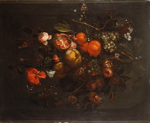 Bukiet owoców i kwiatów zwisający z gwoździa w niszy autorstwa Cornelis de Heem