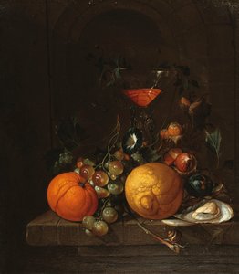 Cytryna, pomarańcza, winogrona, ostryga i kieliszek wina na półce autorstwa Cornelis de Heem