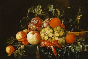 Brzoskwinie, pomarańcze, winogrona i langustynki na cynowym talerzu i stożkowy roemer na pudełku na częściowo drapowanej półce, autorstwa Cornelis de Heem