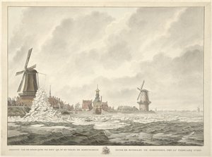 Widok półksiężyca lodu, na i naprzeciw parapetu za Runmolen w Gorinchem, 20 lutego 1799 autorstwa Cornelis de Jonker