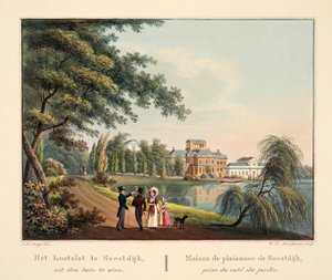 Lustslot w Soestdijk, widziany z ogrodu. Maison de plaisance de Soestdijk prise du coté du jardin, 1825 (rycina ręcznie kolorowana)