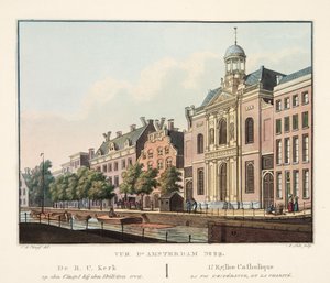 Widok na Amsterdam nr 29. Od R.C. Kerk op den Cingel bij den Heiligen weg. Wiara, nadzieja i miłość Kościoła katolickiego, 1825 (ręcznie kolorowane grawerowanie)