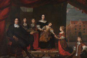 Reyer Reyersz van der Burch (1630-1695), oficer ds. amunicji przy Arsenale Stanów Generalnych w Delft, ze swoją żoną Geertruid Graswinckel i ich dziećmi Frankiem, Cornelisem, Reyerem, Marią i Alidą autorstwa Cornelis de Man (attributed to)