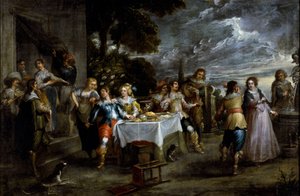 Historia syna marnotrawnego: rozproszenie. Obraz Cornelisa De Waela (1592-1667), około 1630-1639. Sztuka flamandzka. Olej na płótnie. Wymiary: 57x86cm. Geny, kolekcja Privee.