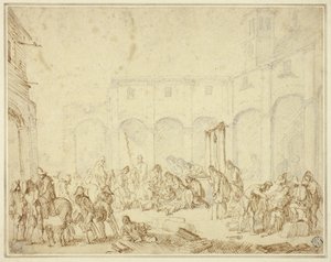 Ranni żołnierze na dziedzińcu na placu miejskim autorstwa Cornelis de Wael
