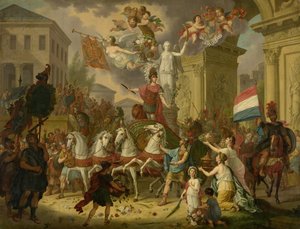 Alegoria triumfalnej procesji księcia Orange, przyszłego króla Willema II, jako bohatera Waterloo, 1815 autorstwa Cornelis van Cuylenburgh (II) (signed by artist)
