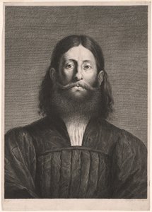 Portret brodatego mężczyzny (tzw. portret Giorgione), z Cabinet Reynst; Variarum imaginum a celeberrimis artificibus pictarum Caelaturae (Cabinet Reynst: Engravings of various images painted by famous artists). autorstwa Cornelis van Dalen II