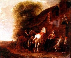Jeźdźcy przed wioską karczmą autorstwa Cornelis van Essen