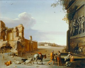 Ruiny starożytnego Rzymu z płaskorzeźbą przedstawiającą ofiarę Marka Aureliusza ... autorstwa Cornelis van Poelenburgh or Poelenburch