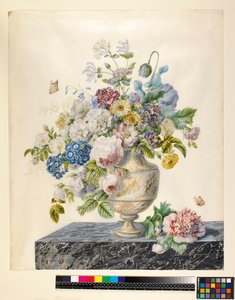 Marmurowy wazon z mieszanymi kwiatami na marmurowej półce, ok. 1800
