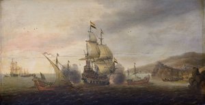 Bitwa morska między holenderskimi okrętami wojennymi a hiszpańskimi galerami, ok. 1633-50 autorstwa Cornelius Bol