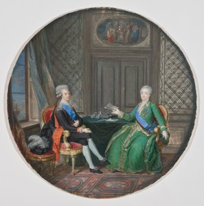 Król Gustaw III i Katarzyna II z Rosji w Fredrikshamn 1783 (akwarela na pergaminie) autorstwa Cornelius Hoyer