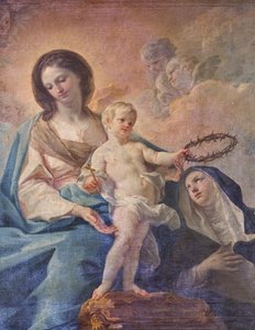 Kościół SS Salvatore, wnętrze, Ołtarz Różańcowy, Matka Boska Różańcowa, płótno Corrado Giaquinto (1703-1766), detal, Poggiardo, Lecce, Apulia (zdjęcie) autorstwa Corrado Giaquinto