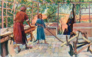 Jezus pracujący w domu z Józefem i Marią
