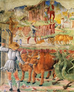 Obraz rolniczy, detal z Triumfu Ceres, scena z miesiąca sierpnia, ok. 1470, przypisywana Cosimo Turze i Mistrzowi z Ercole, fresk, ściana północna, Sala Miesięcy, Palazzo Schifanoia (Pałac Radości), Ferrara, Emilia- Romagna. Włochy