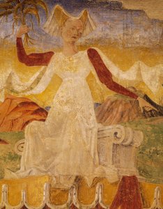 Ceres z kłosami w dłoniach, detal z Triumfu Ceres, scena z miesiąca sierpnia, ok. 1470, przypisywana Cosimo Turze i mistrzowi z Ercole, fresk, północna ściana, Sala Miesiąca, Palazzo Schifanoia, Ferrara, Emilia- Romagna, Włochy