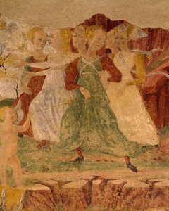Desperacja pokojówek Prozerpiny, detal z Triumfu Ceres, scena z miesiąca sierpnia, przypisywana Cosimo Turze i Mistrzowi z Ercole, fresk, ściana północna, Sala Miesiąca, Palazzo Schifanoia (Pałac Radości), Ferrara, Włochy, ok. 1470