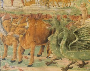 Smoki i obrazy życia na wsi, detal z Triumfu Ceres, scena z miesiąca sierpnia, przypisywana Cosimo Tura (ok. 1430-1495) i Mistrzowi z Ercole, fresk, północna ściana, Sala Miesiąca, Palazzo Schifanoia (Pałac Radości) , Ferrara, Włochy, ok. 1470