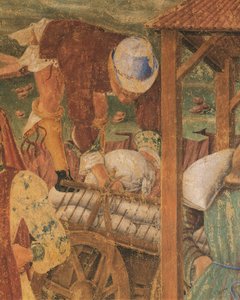 Kupiec przy pracy, fragment z Triumfu Ceres, scena z miesiąca sierpień, przypisywana Cosimo Tura