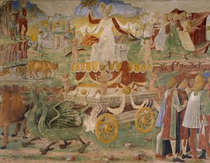 Triumf Ceres, scena z sierpnia, przypisywana Cosimo Tura (ok. 1430-1495) i Mistrzowi z Ercole, fresk, ściana północna, Sala Miesiąca, Palazzo Schifanoia (Pałac Radości), Ferrara, Detal, Włochy, ok. 1470
