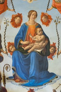Madonna z Dzieciątkiem w chwale, św. Ambroży, św. Franciszek z Asyżu, Bóg Ojciec i aniołowie, Ołtarz, detal (fresk) autorstwa Cosimo Rosselli