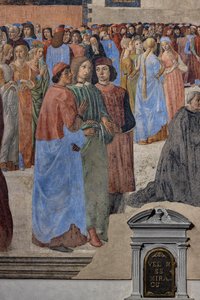Grupa neoplatońskich humanistów” (od lewej Marsilio Ficino, Giovanni Pico della Mirandola i Agnolo Poliziano): fragment „Cudu Sakramentu”, fresk (fresk)