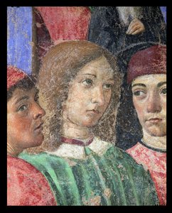 Procesja biskupa przed kościołem S. Ambrogio, fragment Poliziano 1454-94 Pico della Mirandola 1463-94 i Marsilio Ficino 1433-99 1468 fresk
