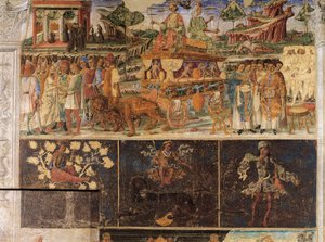 Triumf Jowisza i Kybele oraz Znak Lwa, sceny z lipca, fresk, ściana północna, Sala Miesiąca, Palazzo Schifanoia (Pałac Radości), Ferrara, Włochy, ok. 1470