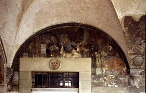 Dominik uzdrawiający chorą kobietę, luneta z freskowego cyklu Żywot św. Dominika, w krużganku św. Dominika, ok. 1698 (fresk) autorstwa Cosimo Ulivelli