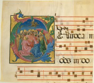Iluminacja rękopisu z Wniebowzięciem Marii w inicjale G, 1450-60.