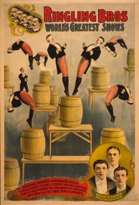 Ringling Bros, najwspanialsze pokazy na świecie bracia Raschetta, wspaniali skoczkowie salto, ca. 1900 autorstwa Courier Company Lith.