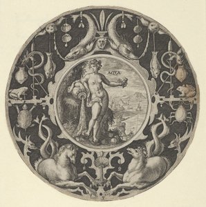 „Aqua” w dekoracyjnej ramce z morskimi stworzeniami, z serii wzorów okrągłych w..., 1590-1612.