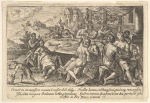 Ludzkość poddana rozpusty przed potopem: obejmowanie par na ławkach wokół ta..., 1612.