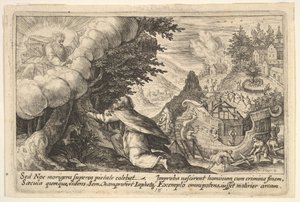 Noe klęczący przed Bogiem po lewej stronie, dalej trwa budowa arki, z seri..., 1612.