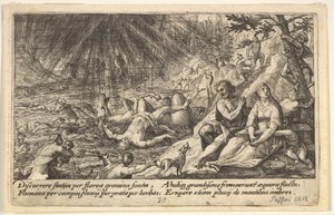 Początek potopu: mężczyźni i kobiety wspinają się na wyższy poziom po prawej, woda ogarnia..., 1612.