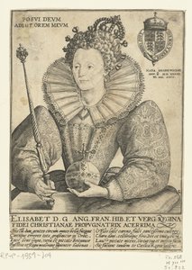 Portret van Elżbieta I Tudor, dziesięć halfen lijve Posvi Devm Aiut Orem Mevm (tytuł na obiekcie) autorstwa Crispijn van de Passe (I)