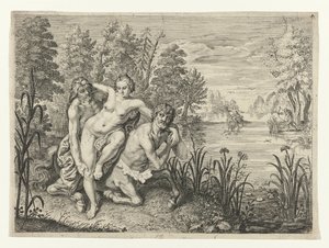 Nessus zabiera Deianirę przez rzekę Dianier Nessusa ustawiony w poprzek strumienia (tytuł na obiekcie) Metamorfozy Owidiusza (tytuł serii) autorstwa Crispijn van de Passe (II) (possibly)