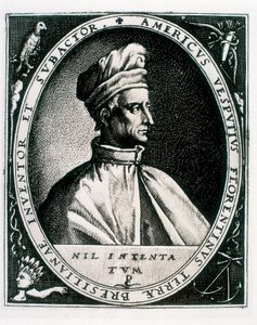Portret Amerigo Vespucciego, napis „Americus Vesputius Florentinus Land of Bresilian Inventor Subactor” (rycina)