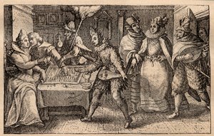 Impreza w tryktrak z przechadzającymi się graczami - holenderski miedzioryt; z zestawu grafik, Hortus Voluptatem, autorstwa Crispina de Passe (1550-1643) - Para grająca w tryktraka zaskoczona pięcioma maskami mężczyzn grawerowanych przez Crispina de Passe 