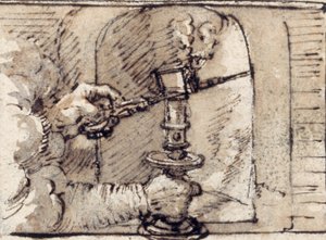 A pair of hands issuing from cloud, snuffing a candle in a candlestick (pen & brown ink with brown wash on paper)