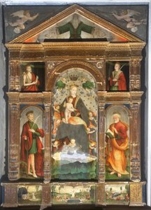 Ukoronowana Madonna z Dzieciątkiem i aniołami, Święty Paweł, Święty Piotr autorstwa Cristoforo (fl.1525 1578) & Pancalino Raffaele (fl.1514 1573) Pancalino