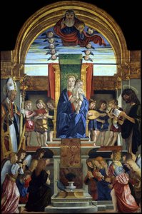 Dziewica z Dzieciątkiem na tronie z Bogiem Ojcem i świętymi Hilary i Janem Chrzcicielem, 1499 autorstwa Cristoforo Caselli