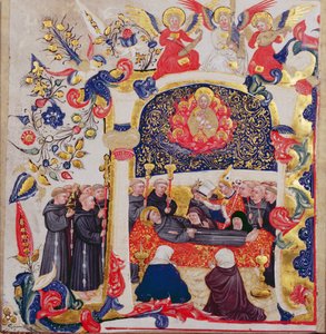 Zamieszkany inicjał "A" przedstawiający pogrzeb św. Franciszka, ok. 1410 r.