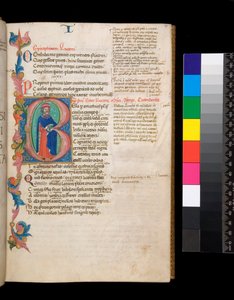 Ms 325. Lucan, Bellum Civile i inne dzieła, f.10r. Iluminowany inicjał [B], zamieszkany przez pełnometrażowy portret autorski, sięgający do częściowego bordiury, ok. 1400-10 (pergamin)