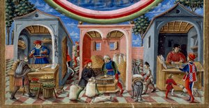 Fragment kupców sprzedających różne przedmioty: po lewej handlarz owocami i warzywami, pośrodku młynarz formujący zboże (Miniatura, ok. 1470)
