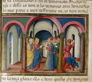 Jezus został interweniony w pobliżu świątyni Salomona przez Żydów, którzy poprosili go o udowodnienie swojej miniaturowej tożsamości Cristoforo De Predis (1440-1486) po Historii Nowego Testamentu autorstwa Cristoforo De Predis