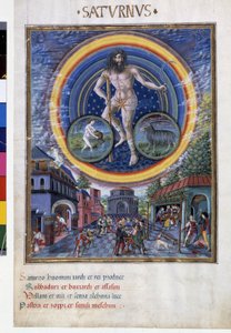 Saturn ze znakami zodiaku Wodnika i Koziorożca. Na dole sceny z gry i jej wpływ na mężczyzn. Miniatura wykonana przez Cristoforo de Predis (v. 1440-v. 1486) - w „” De Sphaera””” d