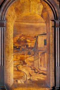 Pejzaż, Intarsja, fragment chóru drewnianego autorstwa Cristoforo and Giuseppe Da Venetiis