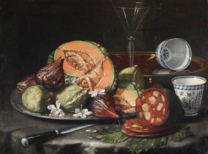 ""Martwa natura"" (Martwa natura) Melon, kiełbasa, figi i chińska porcelana Obraz autorstwa Cristoforo Monari (Munari) (1667-1720), - Olej na płótnie, 44x56 - Fondation Custodia