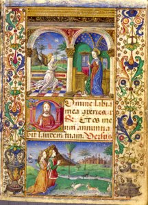 Zwiastowanie, Borromeo Book of Hours, z Giovannim III Borromeo i jego żoną Cleofą Pio da Carpi podczas modlitwy. autorstwa Cristoforo De Predis